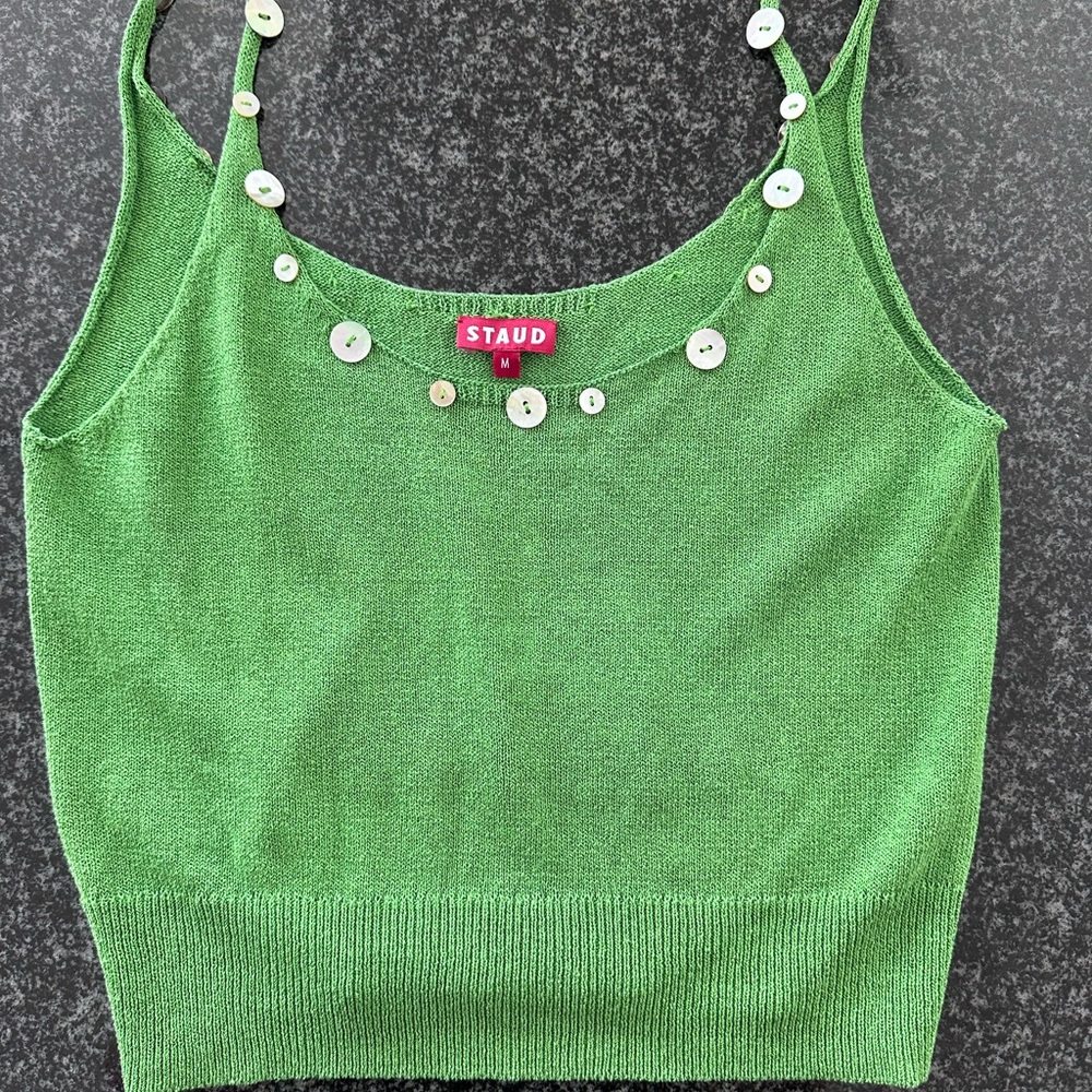 STAUD 2 piece linen knit set-spring green with mother of pearl button detail.